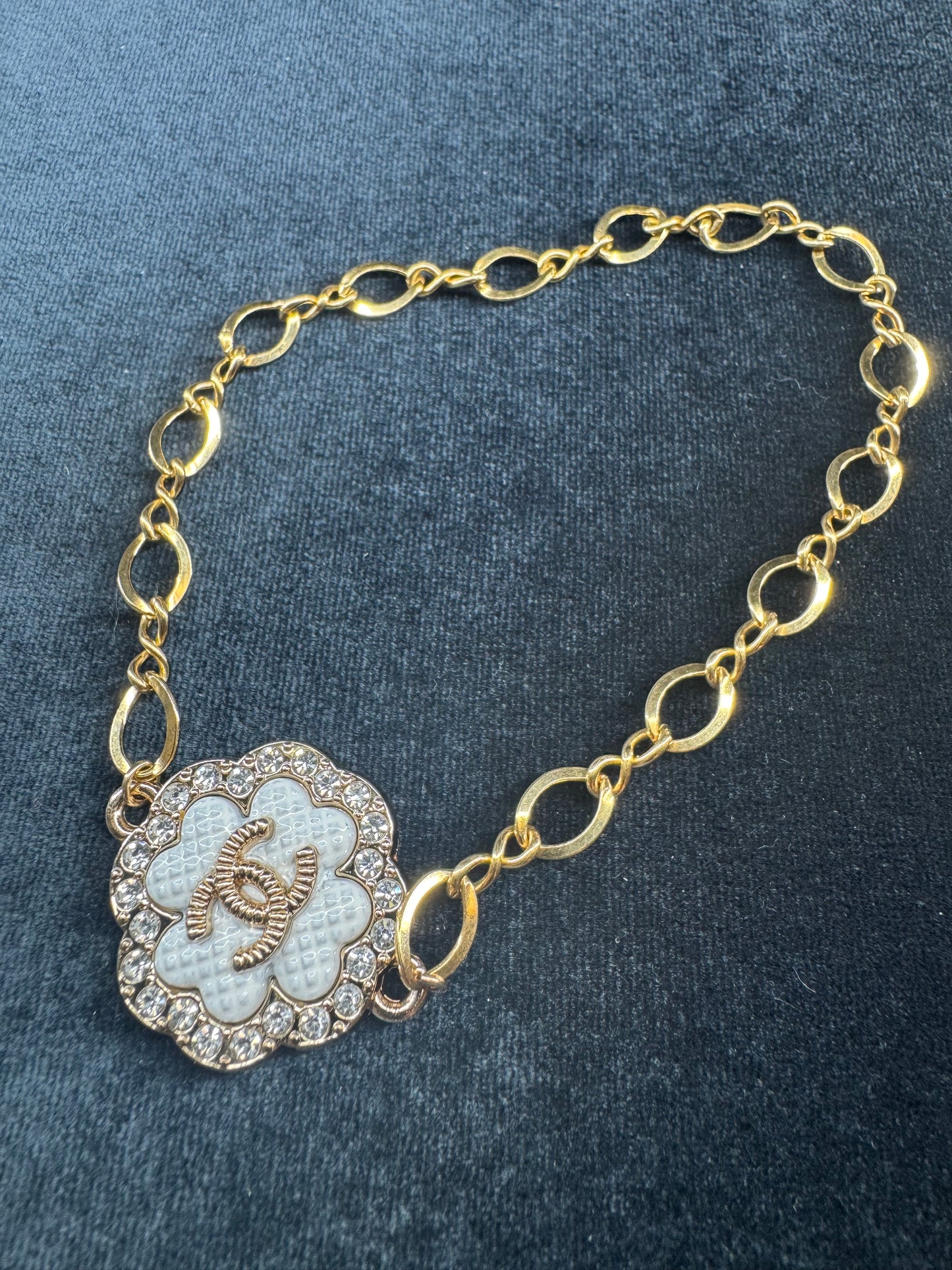Premade Bracelet Alyssa 14K GF chanel charm white flower connector CC