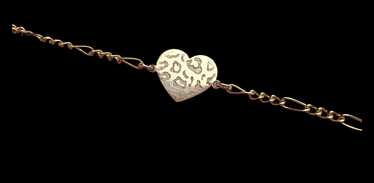 animal print etched heart connector - sterling silver leopard