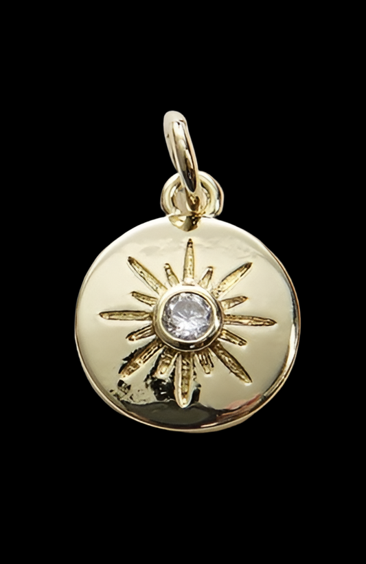 Gold Sun Charms, 18K Gold Filled Round Coin Pendant, Celestial CZ