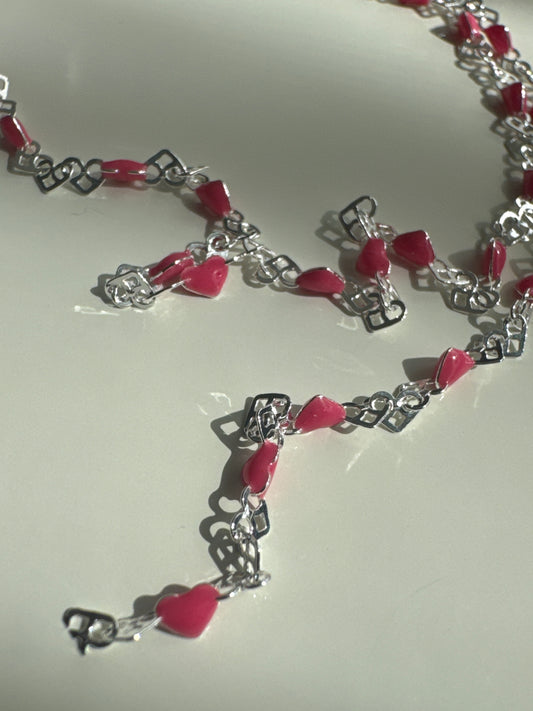 Chain, Marion, SS, Classic Dark Rose enamel on lace heart