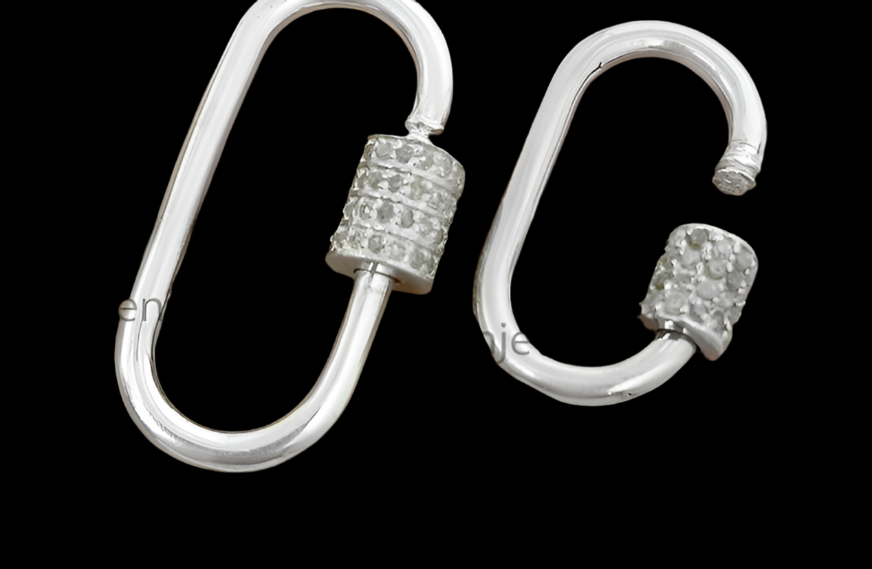 Tiny 925 Silver Diamond Carabiner Lock, Diamond Carabiner Lock, Silver Carabiner Lock