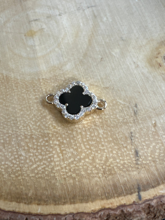 Solid Gold Clover 14k Real gold connector with black agate and Moissanite