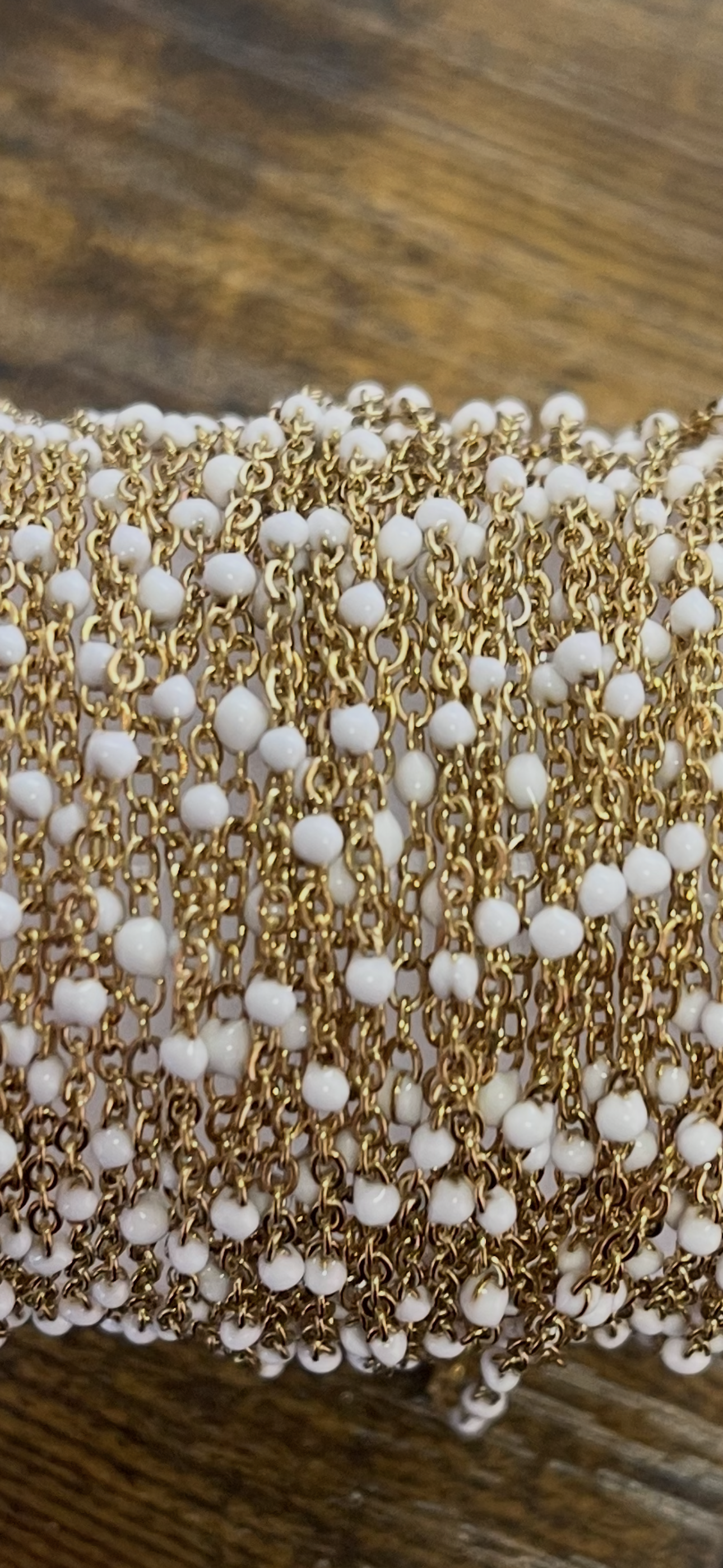 Chain, SSteel, Gold White Beaded, Stainless Steel