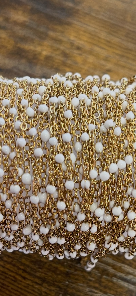 Chain, SSteel, Gold White Beaded, Stainless Steel
