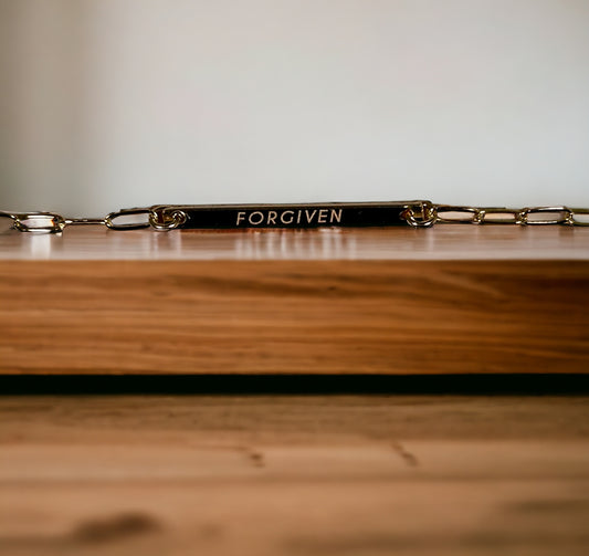 “FORGIVEN" Gold, Limited Edition, Solid Bar Engraved Bracelet with AAA CZ dangle charm