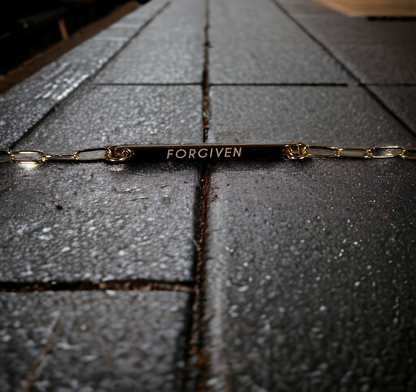 “FORGIVEN" Gold, Limited Edition, Solid Bar Engraved Bracelet with AAA CZ dangle charm