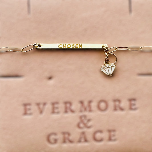 "CHOSEN” Gold, Limited Edition, Solid Bar Engraved Bracelet With Priceless Diamond Charm, and AAA CZ dangle charm