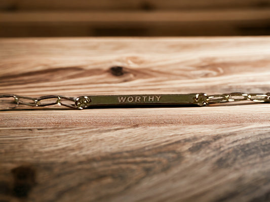 "WORTHY” Gold Limited Edition Solid Engraved Bracelet with AAA CZ Dangle Charm