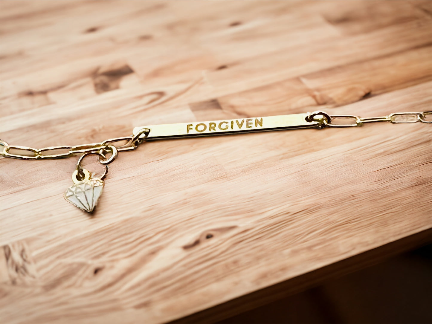 "FORGIVEN" Gold, Limited Edition, Solid Bar Engraved Bracelet With Priceless Diamond Charm, and AAA CZ dangle charm