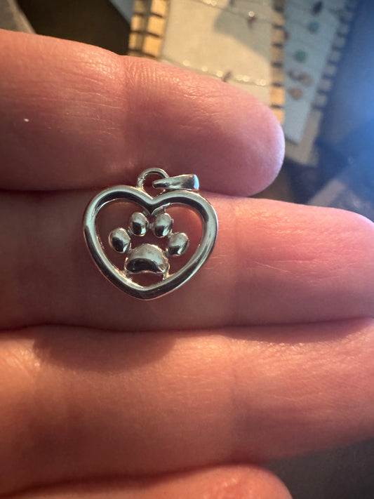 Heart with Dog Paw Silver Charm