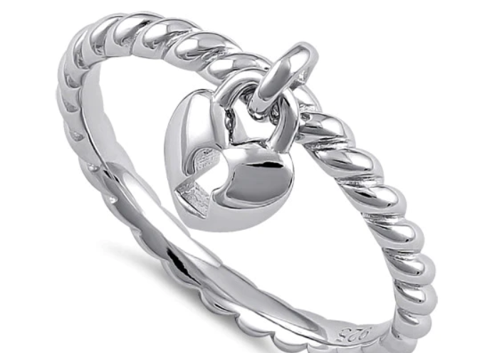 Sterling Silver Locked Heart Dangle Ring -7